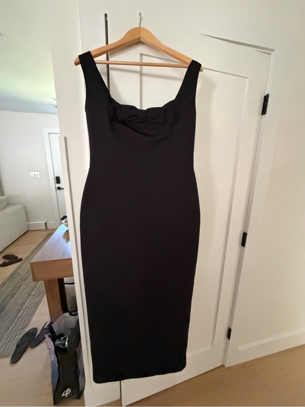 Amsale Black Midi Sheath Dress with Front Bow Detail